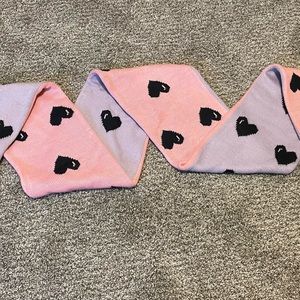 Lazy Oaf reversible Lavendar and pink black heart scarf with black Pom poms